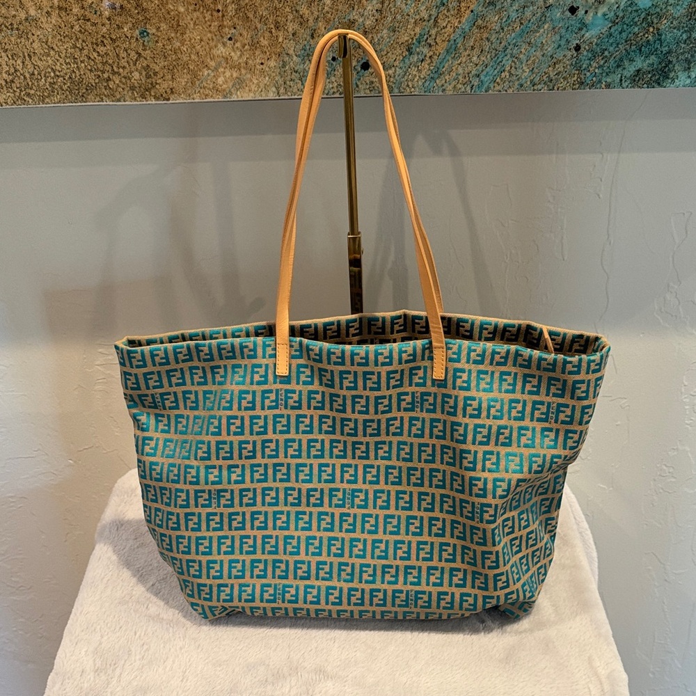 Fendi Teal and Tan Tote Bag